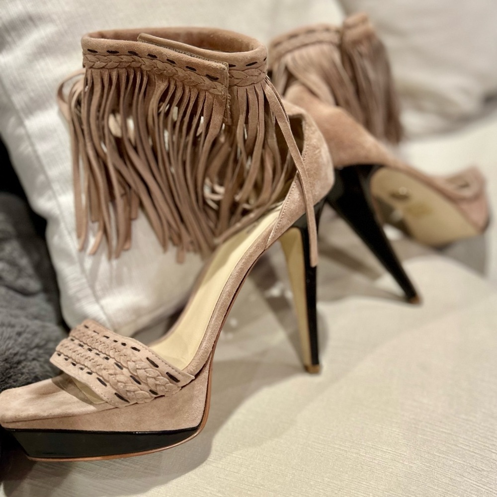 Sexy Bebe Tan Suede Ankle Fringe platform pumps